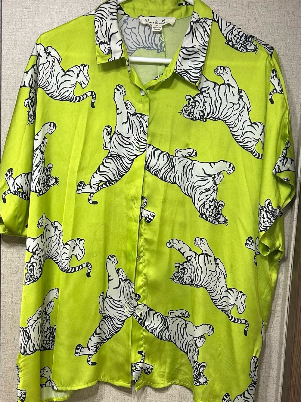 Vine & Love Neon Green Button-Up Shirt with White Tiger Print